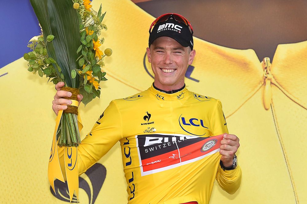 Rohan Dennis on the stage 1 podium.