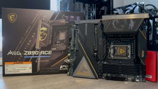 A photo of the MSI MEG Z890 Ace motherboard, shown next to its retail packaging.
