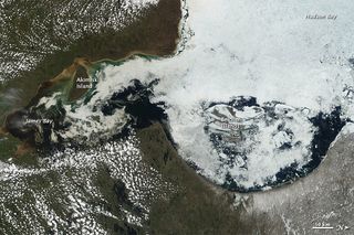 In this NASA satellite taken on June 5, sea ice has retreated from large portions of Hudson Bay and islands in the bay are more clearly visible.