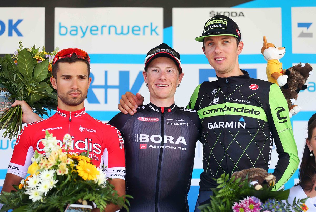 Nacer Bouhanni (Cofidis), Sam Bennett (Bora Argon 18) and Ramunas Navardauskas (Cannondale-Garmin)