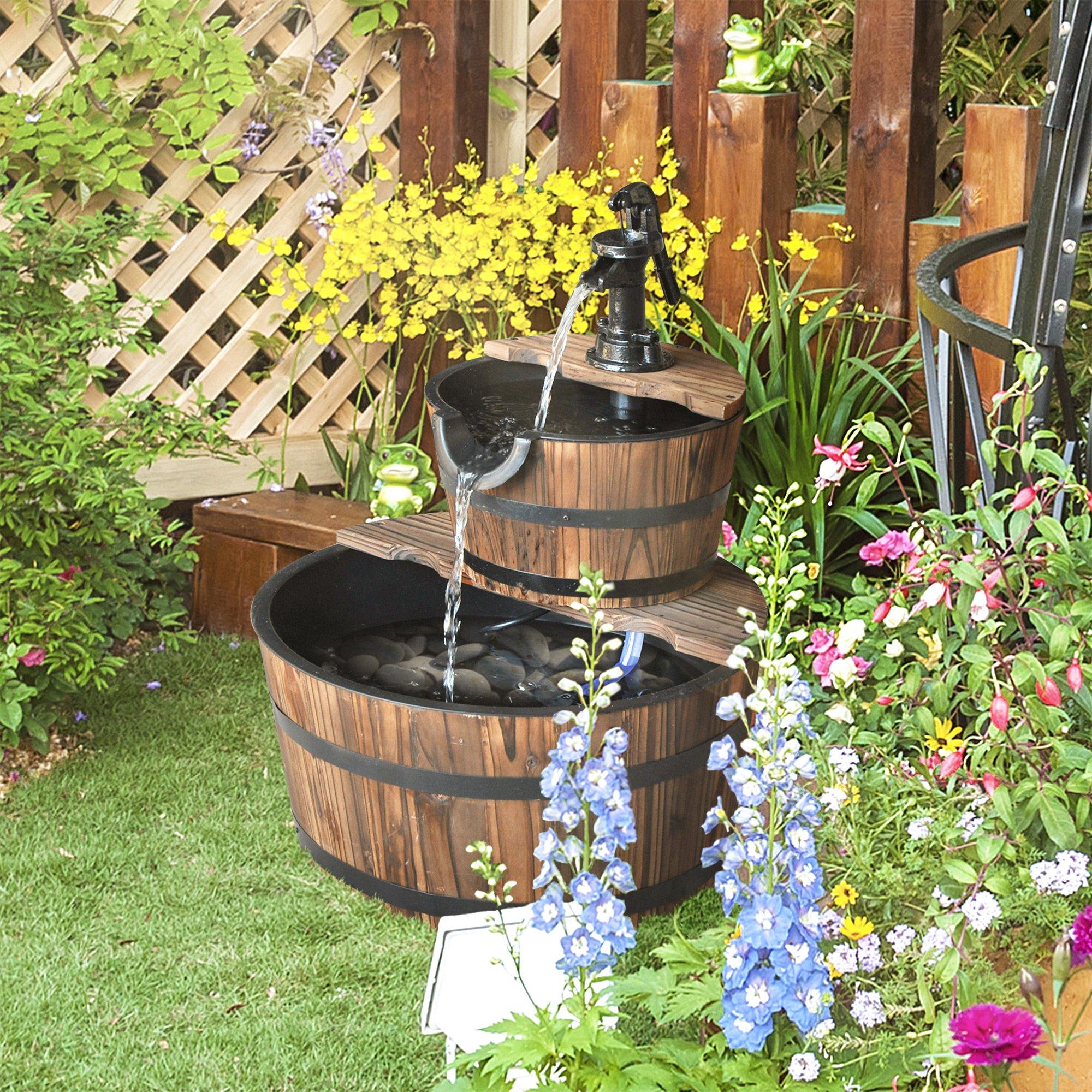 Wooden Water Pump Fountain 2 Tier Cascading Feature Barrel Garden Deck