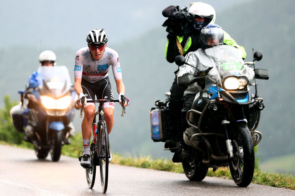 LE GRAND BORNAND FRANCE JULY 03 Tadej Pogaar of Slovenia and UAETeam Emirates White Best Young Rider Jersey during the 108th Tour de France 2021 Stage 8 a 1508km stage from Oyonnax to Le GrandBornand LeTour TDF2021 on July 03 2021 in Le Grand Bornand France Photo by Michael SteeleGetty Images
