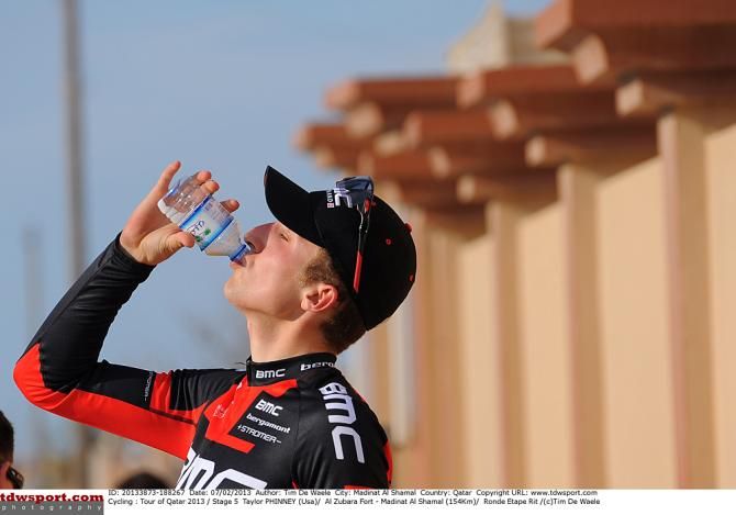 Taylor Phinney takes a big drink of water in the 2013 Tour of Qatar