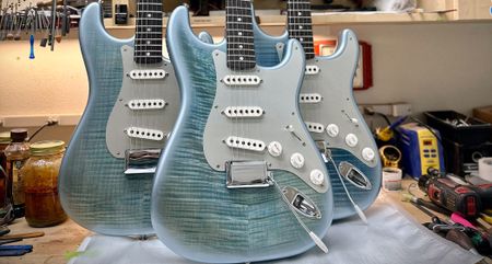 Three stunning Custom Shop Strats: Ice-blue trans finishes over figured maple make these Strats by Austin MacNutt stand out