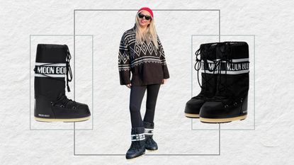 Composite image of Antonia Kraskowski wearing black long moon boots and two images of the boots as cut outs