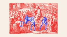 Vintage engraving of Jesus riding into Jerusalem on a blue Democratic Party donkey
