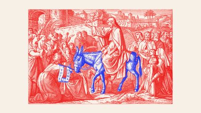 Vintage engraving of Jesus riding into Jerusalem on a blue Democratic Party donkey