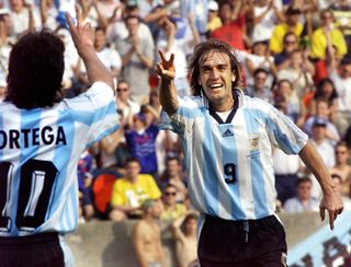 Gabriel Batistuta and Ariel Ortega celebrate a goal for Argentina against Jamaica at the 1998 World Cup.