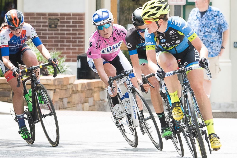 Lauren Stevens checks behind during stage 4 at Joe Martin.