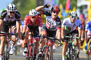 Sacha Modolo celebrates a Tour de Pologne stage victory.