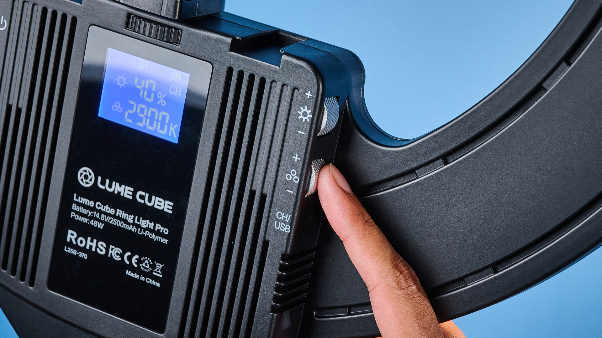 Lume Cube Cordless Ring Light Pro photographed in front of a blue background