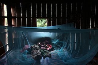 Yonta ,6, rests with her sister Montra,3, and brother Leakhena, 4months under a mosquito bed net keeping dry from the monsoon rain July 18, 2010 in Prey Mong kol village in Pailin province.