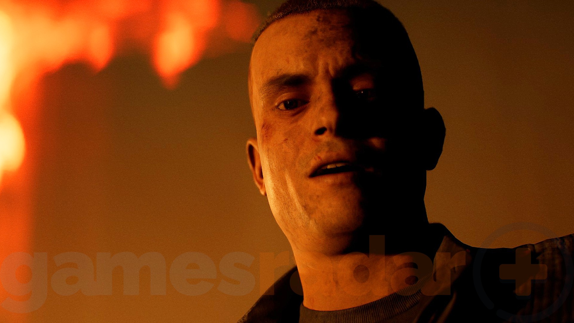 Mitchell stands in a burning room as you try to save everyone in Directive 80202.