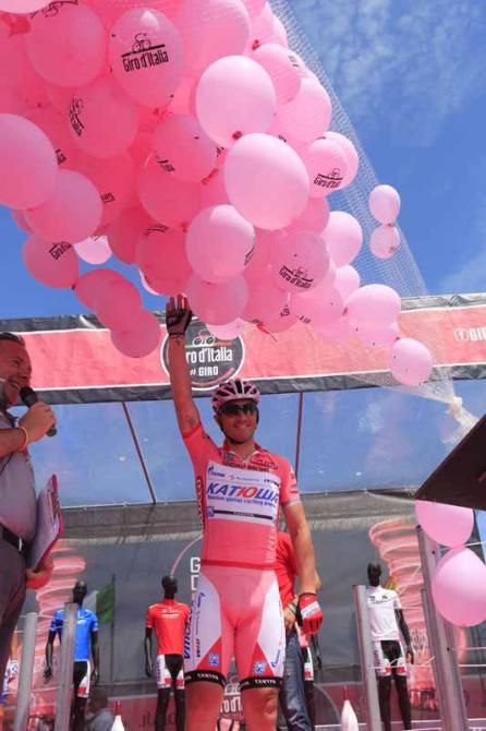 Luca Paolini (Katusha) lets go of the pink ballons