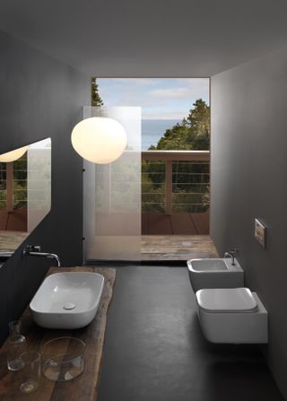 small modern bathroom with abundant natural light and dark concrete colour scheme