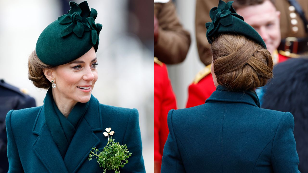 Kate Middleton wearing a green coat and hat on St. Patrick&#039;s Day 2025 next to a photo of the back of her twisted updo 