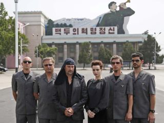 Laibach pose at Kim Il Sung Square prior to their performance in Pyongyang, North Korea