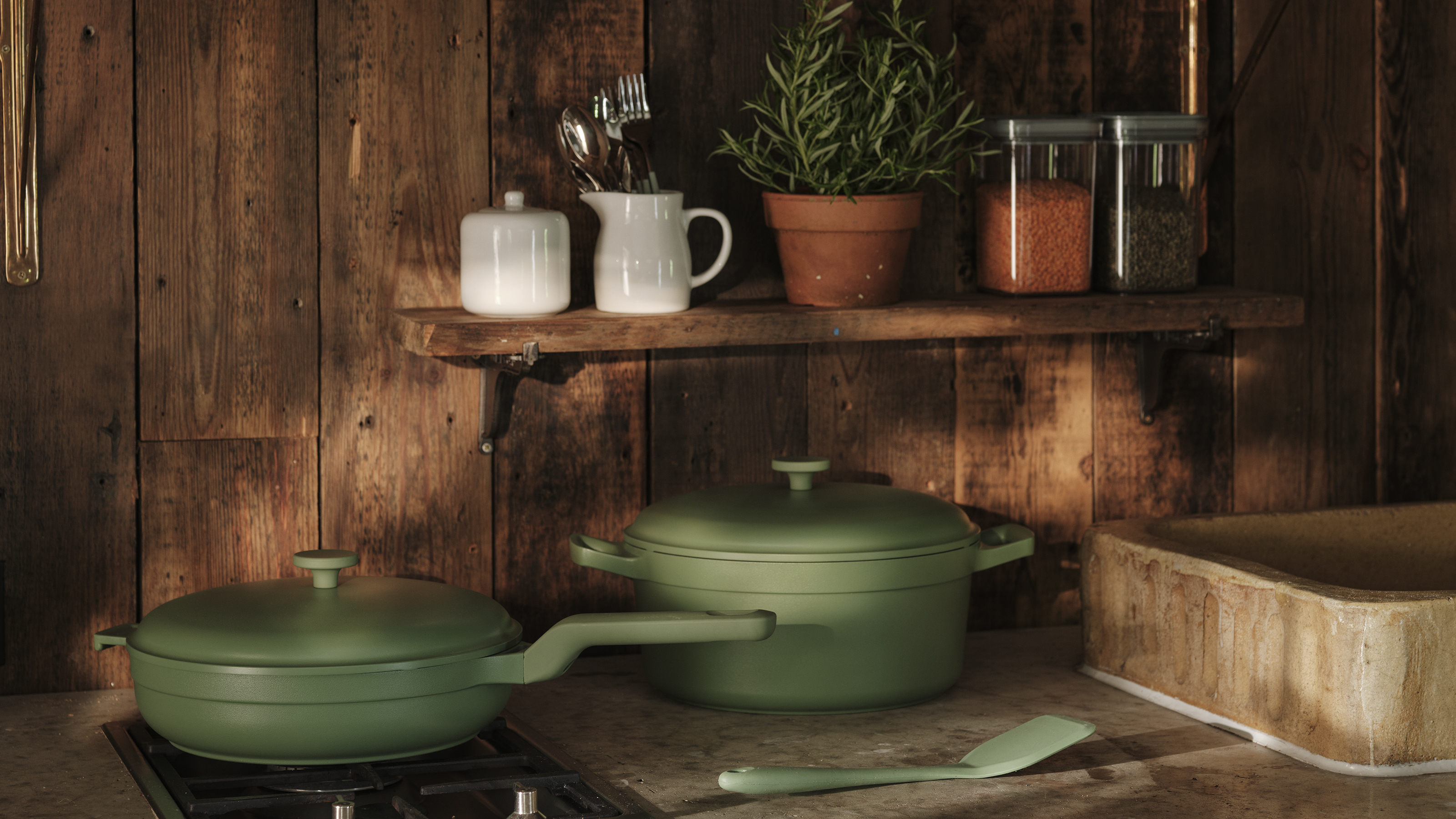 George ASDA green cookware range in wood kitchen 