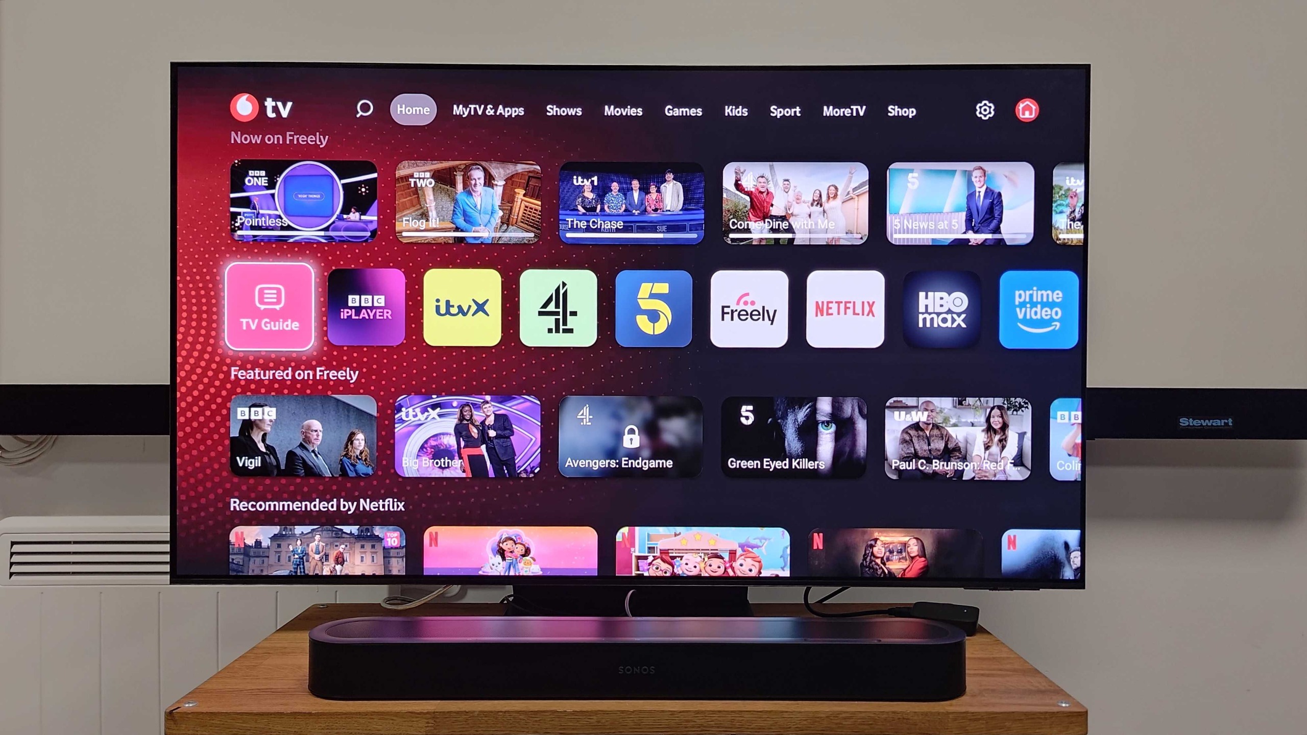 A picture of the Vodafone TV homepage on a Samsung TV in our test room