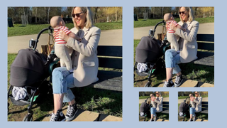 Image of Alexandra Stedman holding her baby on a bench next to the Babyzen YOyo pram