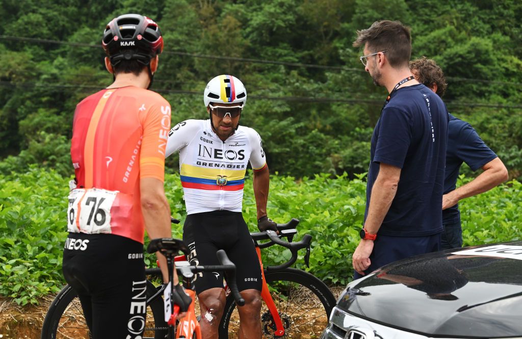BAMA CHINA OCTOBER 17 Jhonatan Narvaez of Ecuador and Team INEOS Grenadiers and the peloton stopped due to a multiple fall during the 5th GreeTour Of Guangxi 2024 Stage 3 a 214km stage from Jingxi to Bama UCIWT on October 17 2024 in Bama China Photo by Dario BelingheriGetty Images