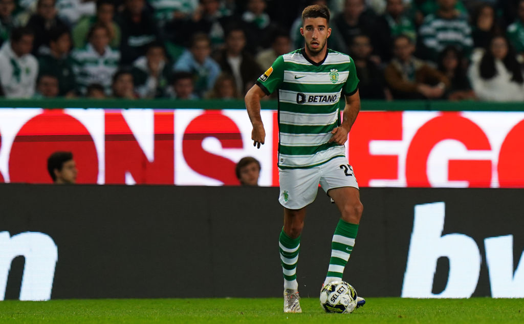 Goncalo Inacio of Sporting CP in action during the Liga Bwin match between Sporting CP and Vitoria Guimaraes at Estadio Jose Alvalade on November 5, 2022 in Lisbon, Portugal.