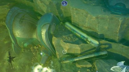A destroyed section of the Subnautica 2 metal farm