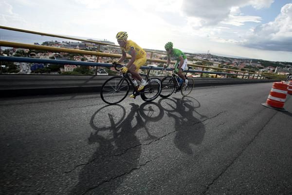 Alberto Contador and Thor Hushovd in pursuit of Koos Moerenhout.