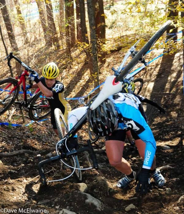 Laura Van Gilder (Mellow Mushrooom Pizza) slips on the steep run-up but recovers quickly.