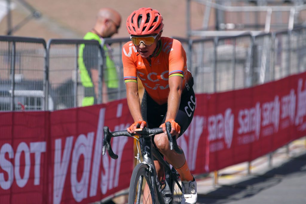 SIENA ITALY AUGUST 01 Arrival Marianne Vos of The Netherlands and Team CCCLiv during the Eroica 6th Strade Bianche 2020 Women Elite a 136km race from Siena to Siena Piazza del Campo StradeBianche on August 01 2020 in Siena Italy Photo by Luc ClaessenGetty Images