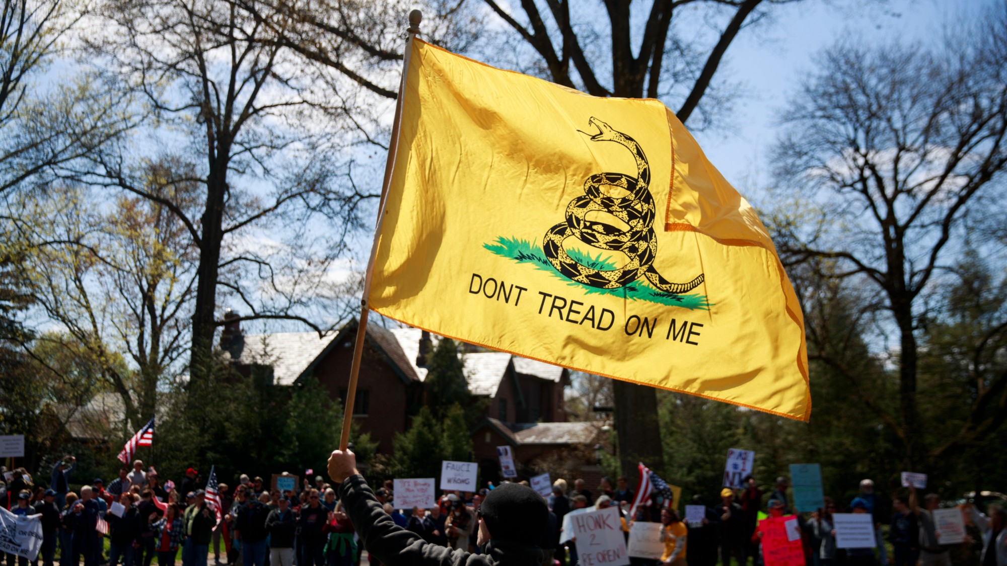 A man holds a &lsquo;Don&rsquo;t Tread on Me&rsquo;&nbsp;flag during an Indiana protest in 2020.