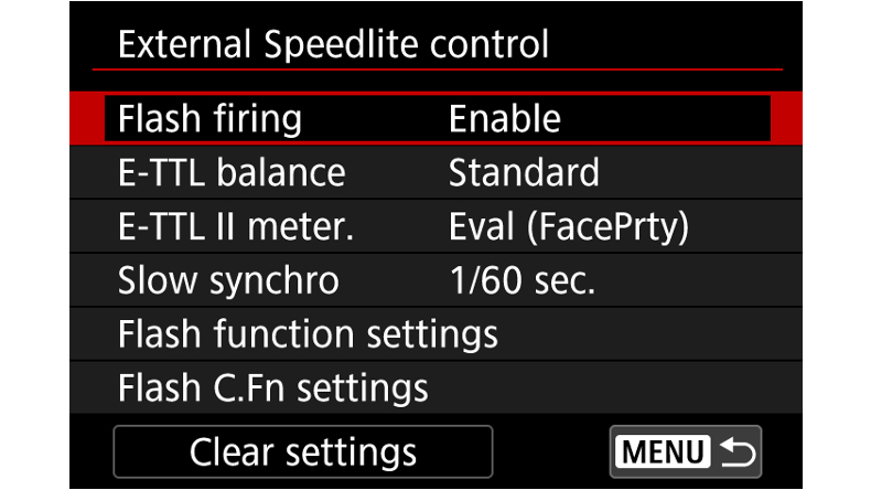 Camera menu screen showing external speedlite control settings including flash firing enabled and slow synchro set to 1/60 sec