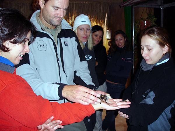 The instructor is carefully passing the bird spider around