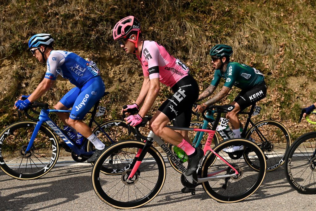 VALLTER SPAIN MARCH 21 LR Christopher JuulJensen of Denmark and Team JaycoAlUla Simon Carr of United Kingdom and Team EF EducationEasypost and Francisco Galvn of Spain and Equipo Kern Pharma compete in the breakaway during the 102nd Volta Ciclista a Catalunya 2023 Stage 2 a 1654km stage from Matar to Vallter 2135m VoltaCatalunya102 on March 21 2023 in Vallter Spain Photo by David RamosGetty Images
