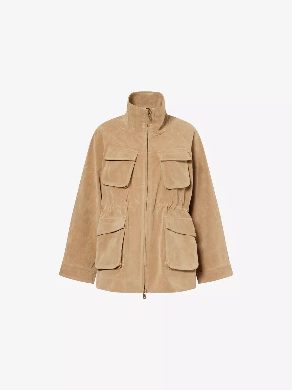 Ruched-Waist Funnel-Neck Faux Suede Jacket - Xs