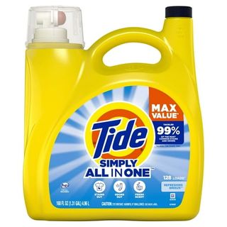 A large yellow plastic container of Tide Simply Liquid Laundry Detergent, Refreshing Breeze, 168 Oz, A blue label with tide branding. 