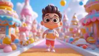 Image generated with Adobe Firefly showing a smiling cartoon boy with glasses, wearing an orange shirt and red shorts, walking down a pink and orange path in a colorful, candy-themed landscape with whimsical buildings