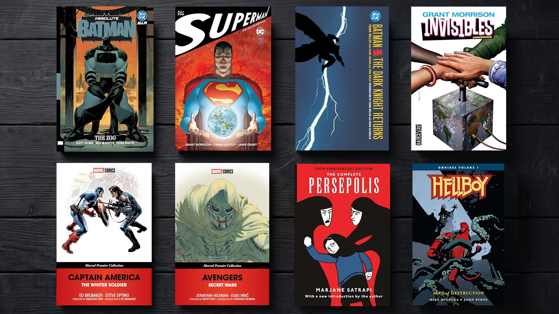 A selection of graphic novels on a dark background.