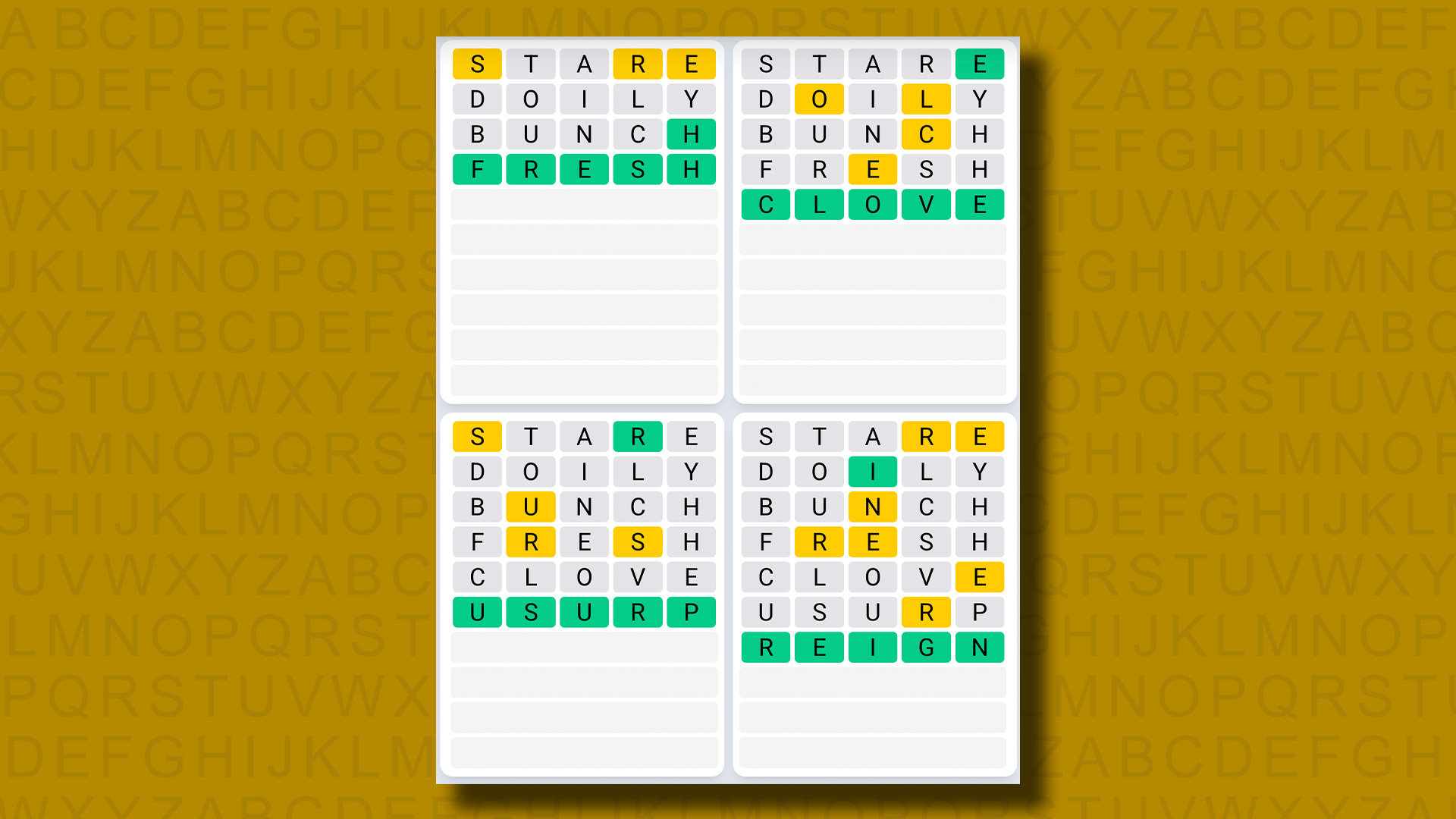 Quordle Daily Sequence answers for game 1247 on a yellow background