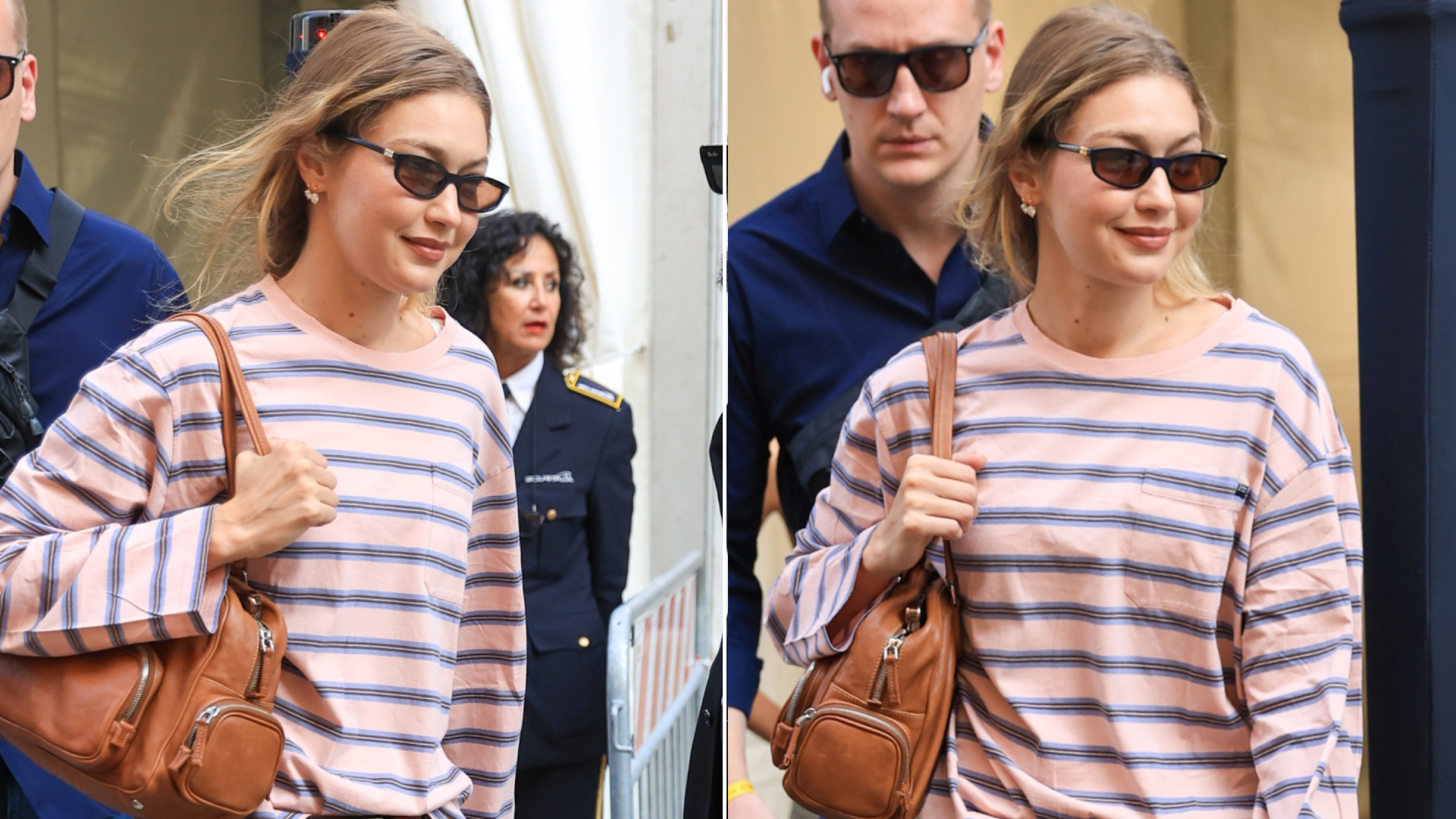 Gigi Hadid styled a striped shirt from Prada with brown corduroy bottoms, black loafers, and a Miu Miu bag at Milan Fashion Week