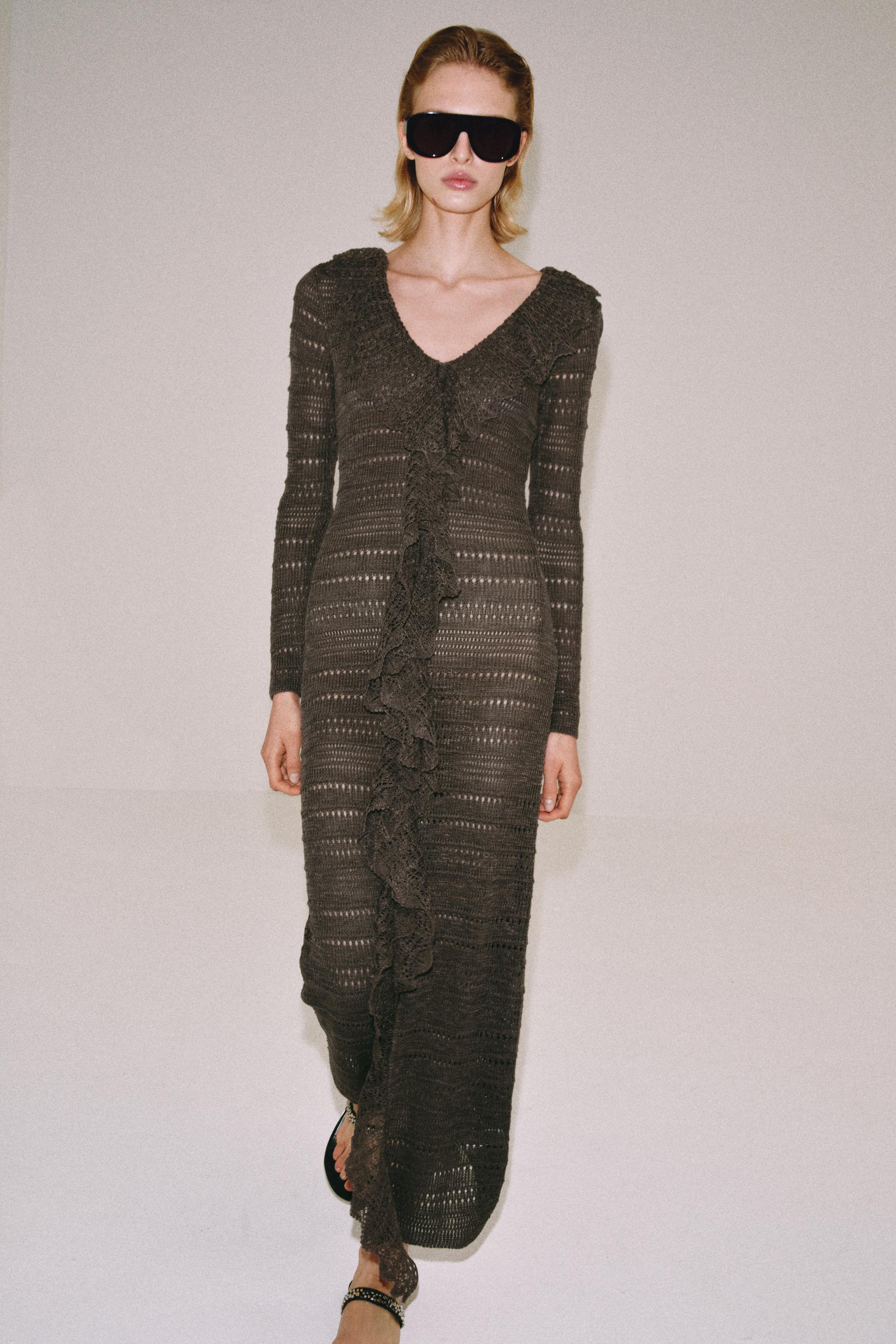 Pointelle Knit Dress With Ruffles