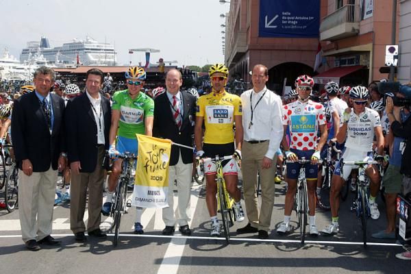Tour dignitaries and the four jersey holders at the start of stage two.