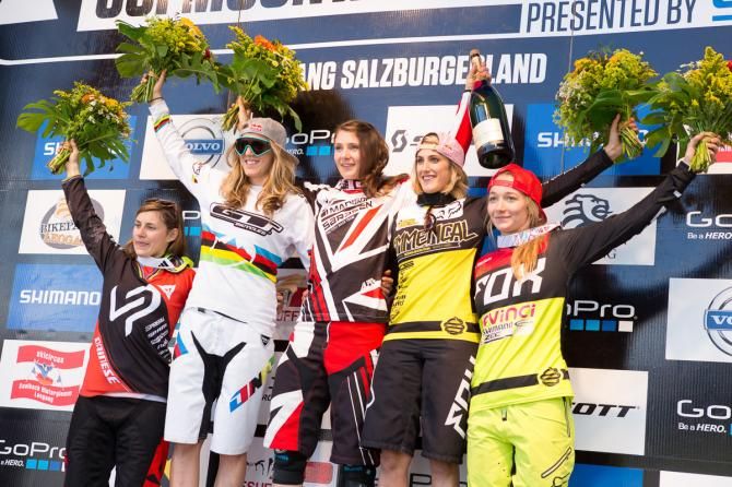 Leogang women's downhill World Cup podium