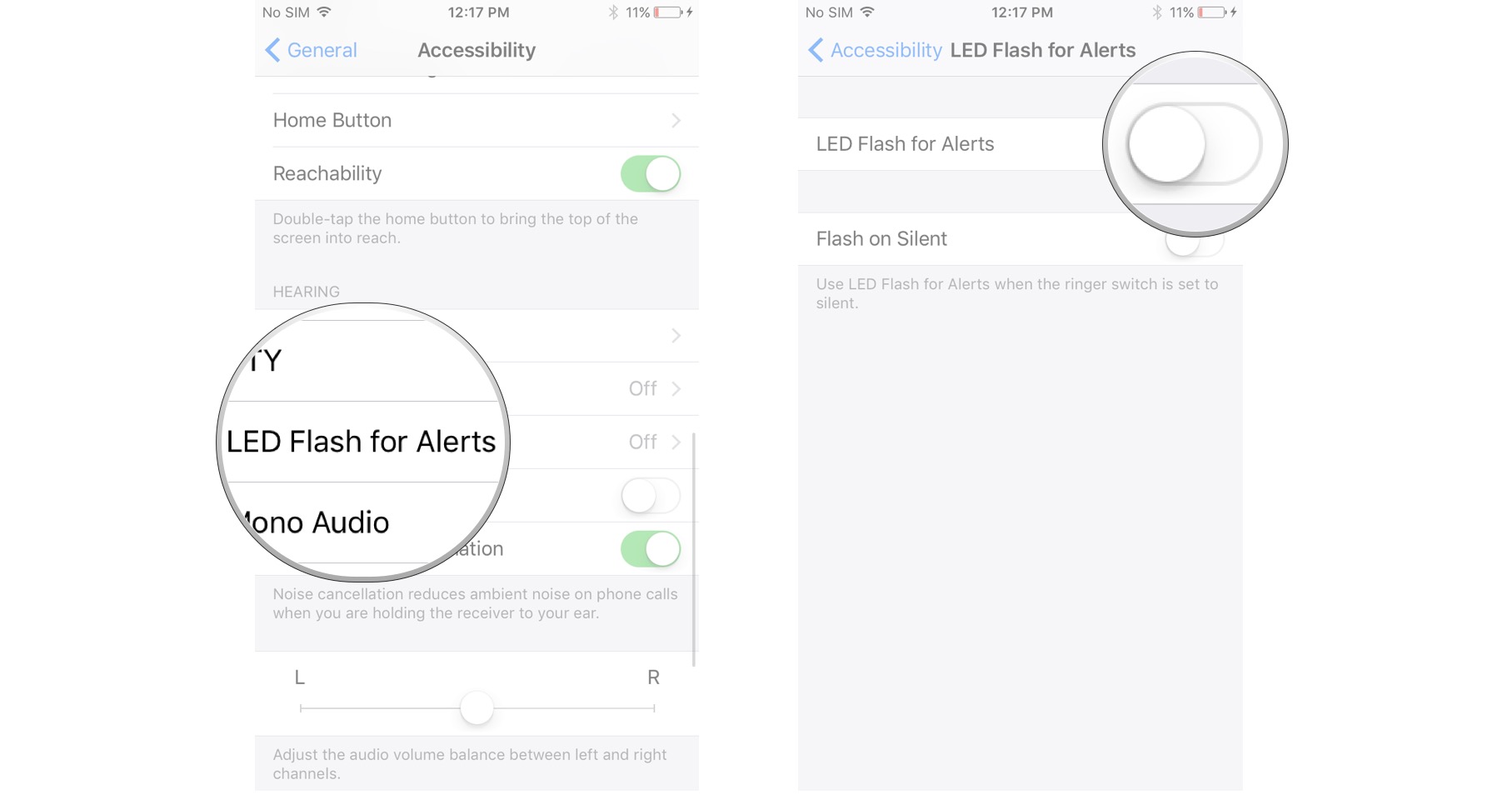 Tap LED Flash for Alerts, tap the switch to turn it on