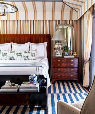 Bedroom with a striped tented ceiling for Kips Bay home by Ashley Gilbreath, photograph Nick Sargent