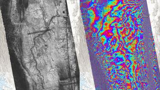 two images; on the left, a black and white image of a river delta seen from space. on the right, the same area but covered in colored, squiggly lines