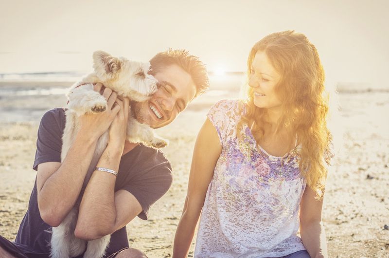 A couple walks on the beach with a puppy.