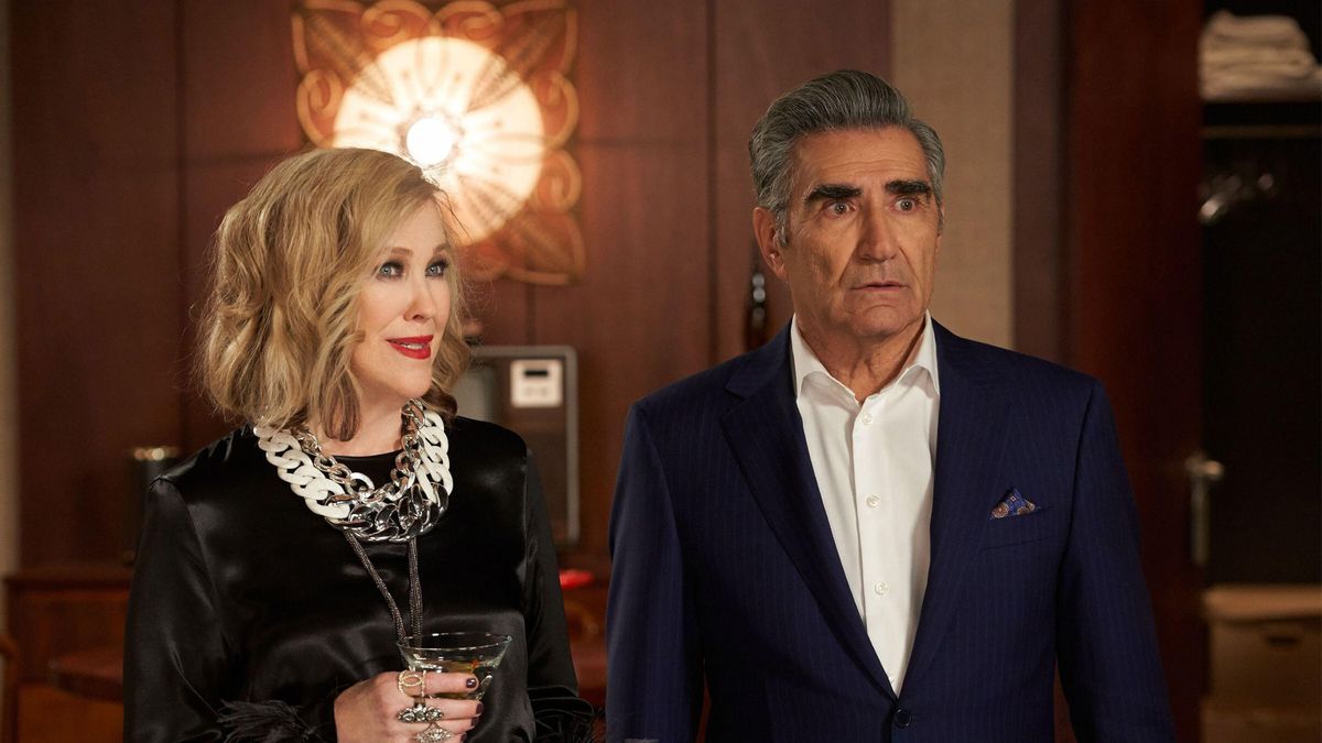 Catherine O&#039;Hara as Moira Rose and Eugene Levy as Johnny Rose in Schitt&#039;s Creek