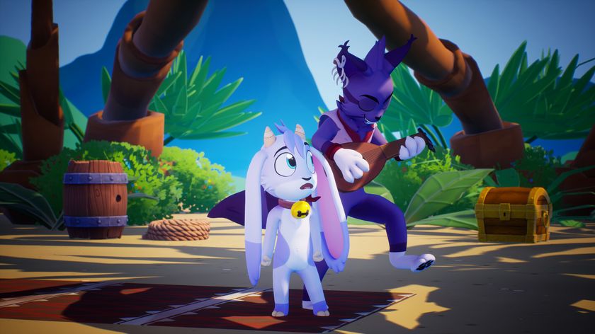 a bunny watches a, um, i want to say a cat man thing, playing a ukelele of some sort behind her