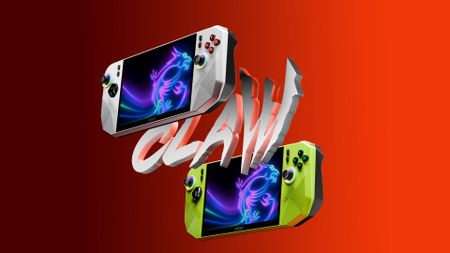 MSI Claw 8 BZ2EM handhelds in white and lime green with red backdrop and CLAW logo in center.
